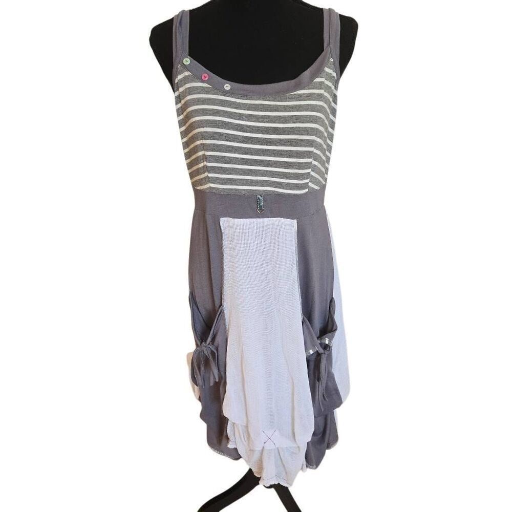 Elena Wang Womens Striped Sleeveless Lagenlook Midi Dress Gray White Size Small